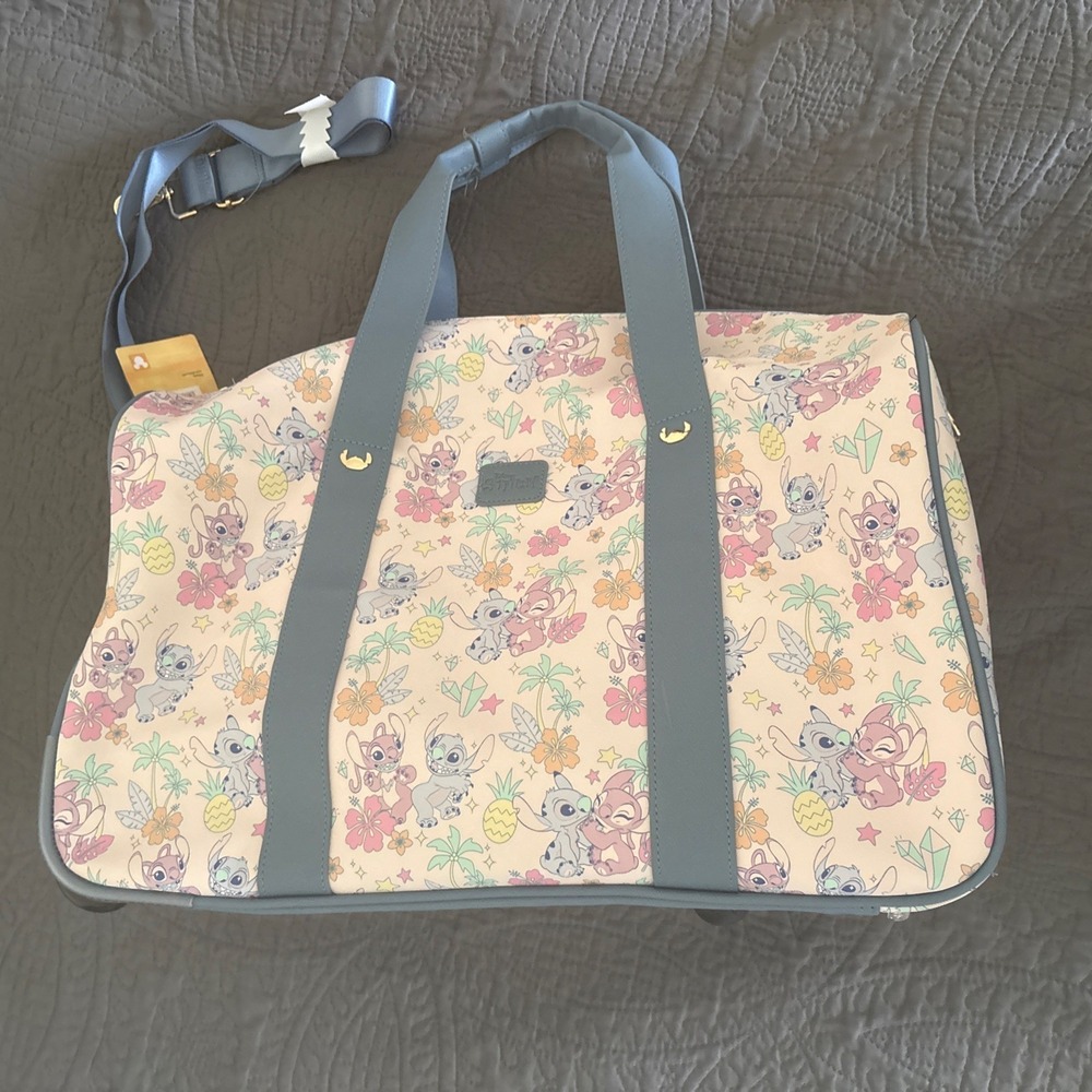 Disney Stitch Blue Rolling Luggage Duffle Bag Weekender BioWorld 20x12x10 NWT